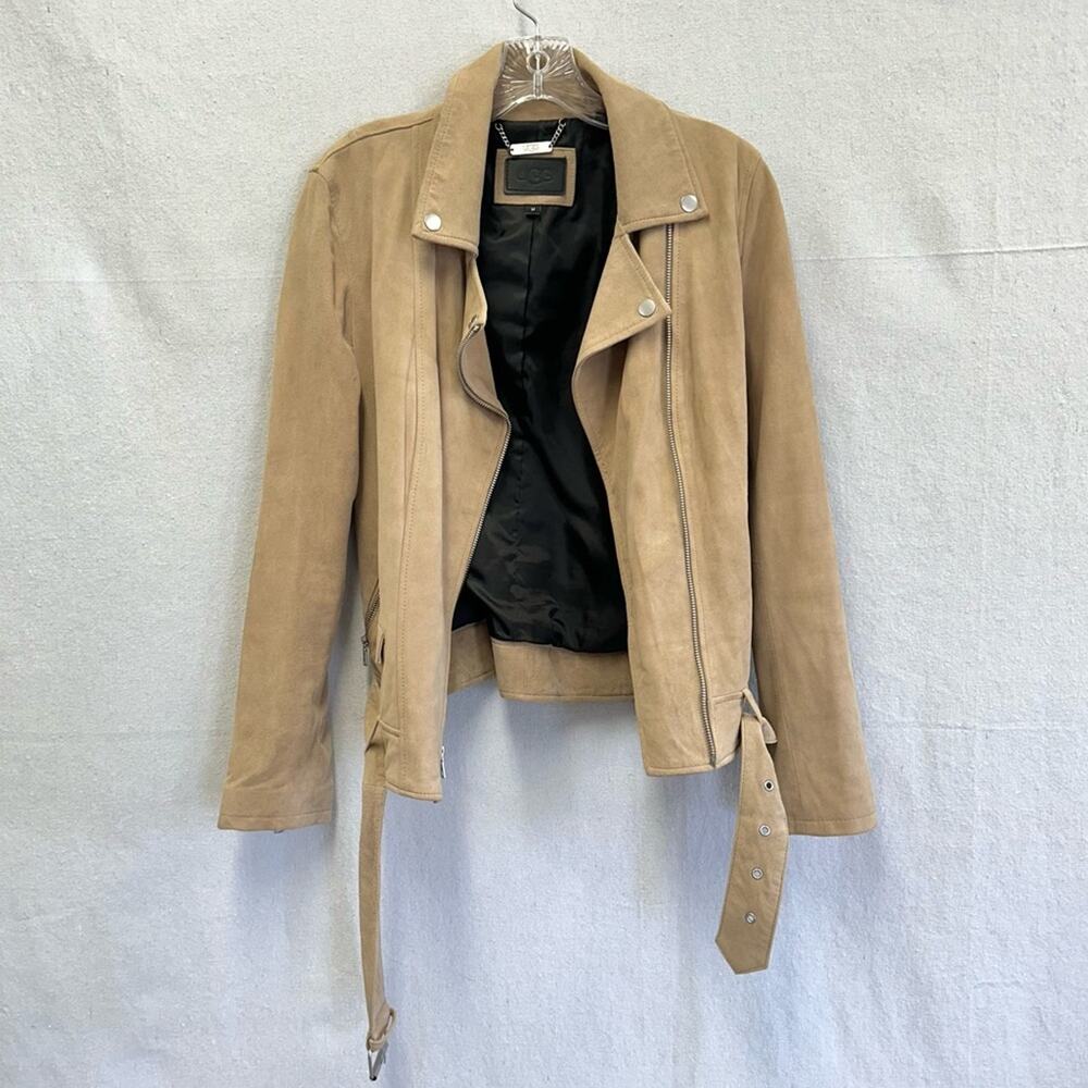 Ugg Stacey suede leather moto biker jacket belted size medium sand color - Picture 3 of 16